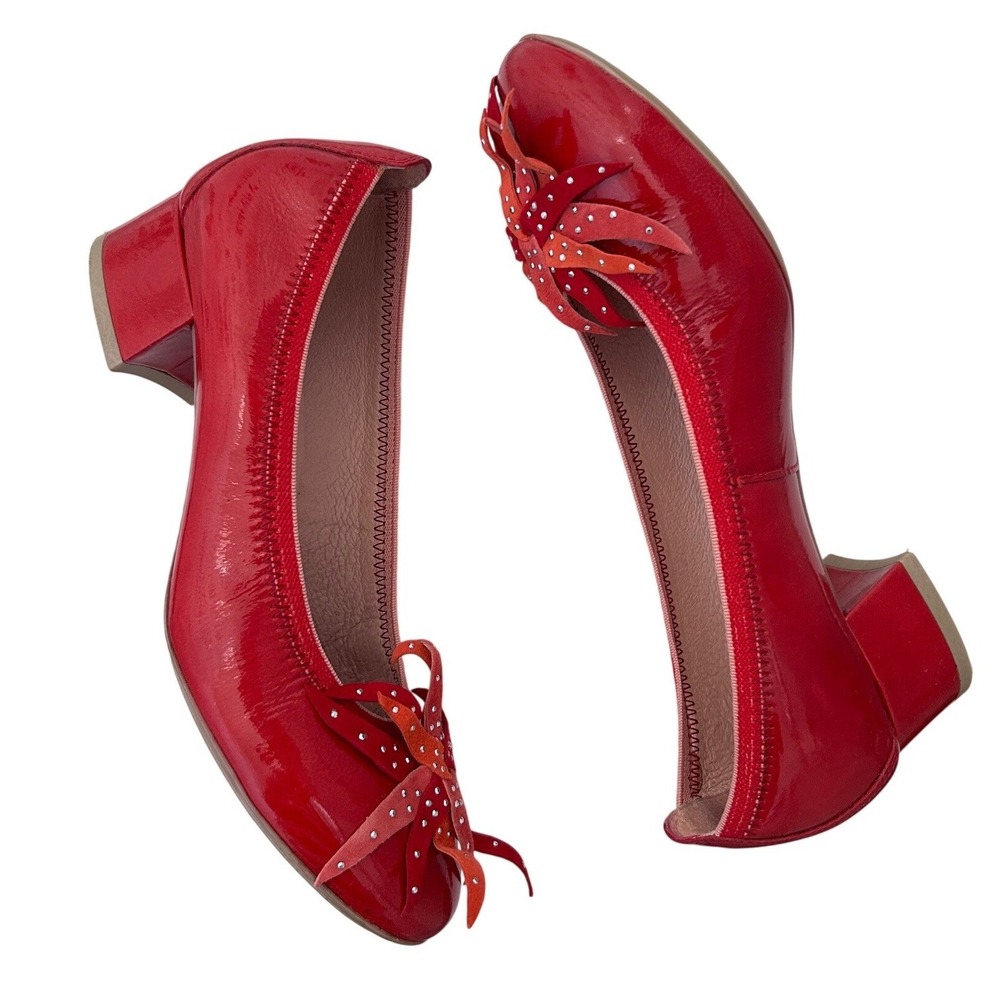 Hispanitas Red Patent Leather Low Block Heel Pumps Floral Size EU 36/US 5.5-6 - Picture 4 of 6
